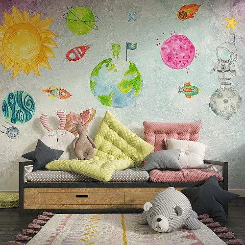 Kids Space Solar System Wall Mural – Cute Hand Drawn Planet Design