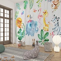 Cute Jungle Animals Wall Mural – Colorful Kids Safari Design