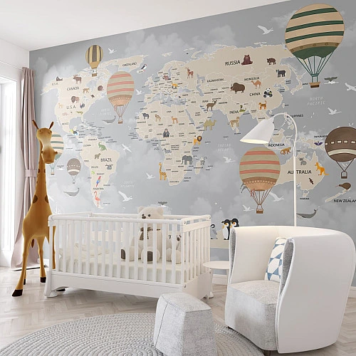 Kids World Map Balloon Wall Mural – Cute Animal Travel Design