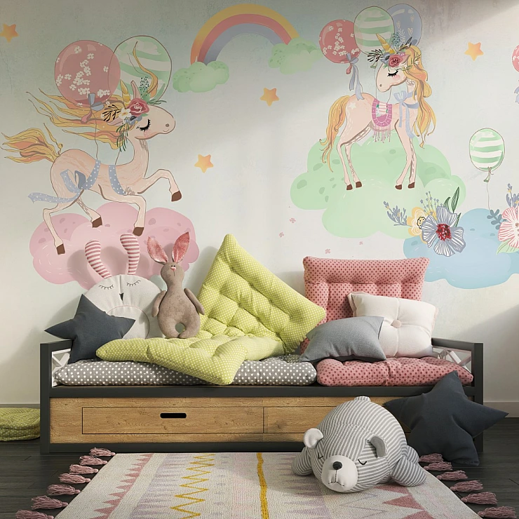 Unicorn Rainbow Wall Mural – Pastel Cloud Kids Nursery Design