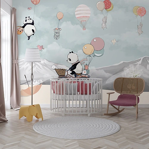 Flying Panda Balloon Wall Mural – Soft Pastel Nursery Adventure Design