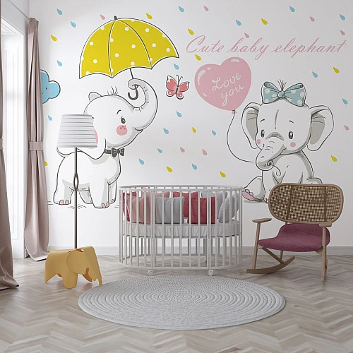 Cute Baby Elephant Wall Mural – Cartoon Nursery Love Design