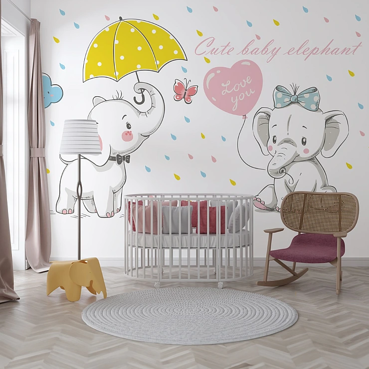 Cute Baby Elephant Wall Mural – Cartoon Nursery Love Design Cute Baby Elephant Wall Mural – Cartoon Nursery Love Design