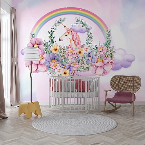 Unicorn Rainbow Wall Mural – Floral Fantasy Kids Nursery Design
