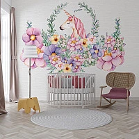 Floral Unicorn Wall Mural – Pastel Nursery Rainbow Flower Design