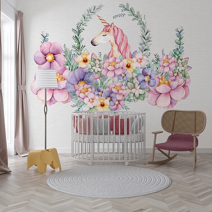 Floral Unicorn Wall Mural – Pastel Nursery Rainbow Flower Design