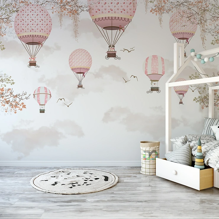 Hot Air Balloon Kids Wall Mural – Soft Vintage Sky Design