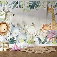 Watercolor Safari Kids Wall Mural – Cute Jungle Animals Nursery Design