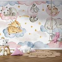 Sleeping Baby Animals Wall Mural – Cute Nursery Clouds & Stars Design