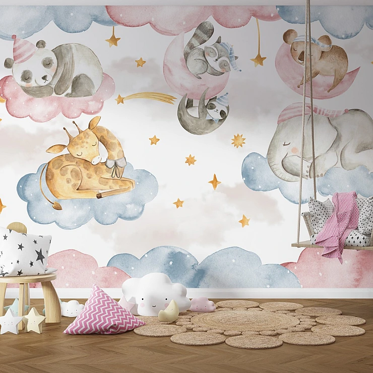 Sleeping Baby Animals Wall Mural – Cute Nursery Clouds & Stars Design