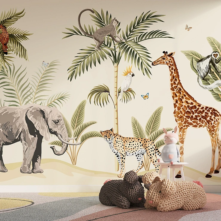 Safari Jungle Animals Wall Mural – Elegant Kids Wildlife Design