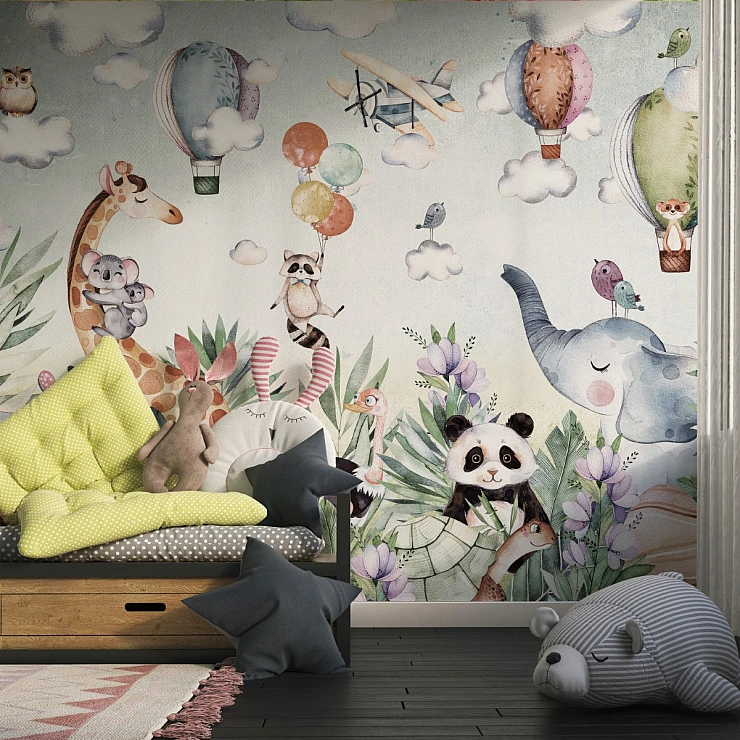 Cute Animal Balloon Wall Mural – Whimsical Kids Jungle Nursery Design
