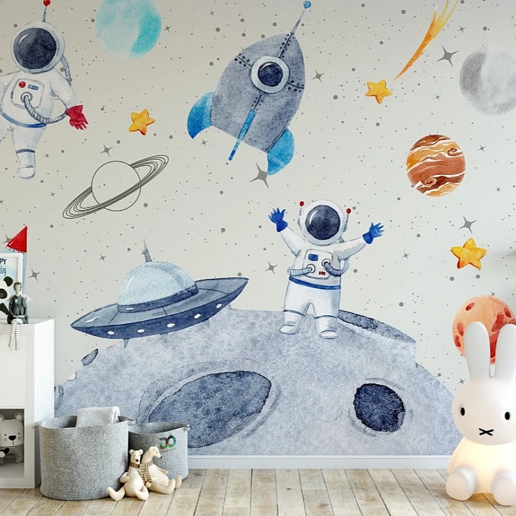 Cute Space Adventure Wall Mural – Kids Astronaut & Rocket Design Cute Space Adventure Wall Mural – Kids Astronaut & Rocket Design