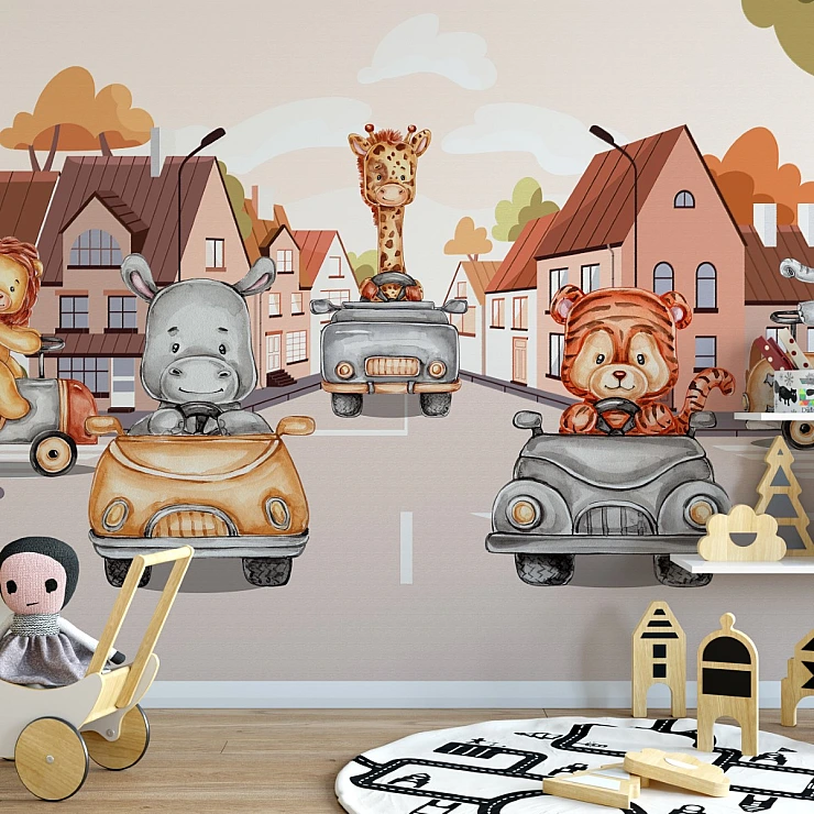 Cute Animal Cars Kids Wall Mural – Playful Cartoon City Design