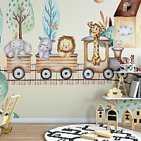 Cute Animal Train Wall Mural – Playful Kids Safari Design