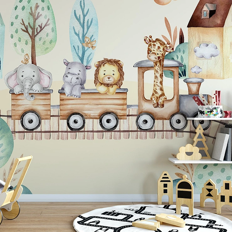 Cute Animal Train Wall Mural – Playful Kids Safari Design