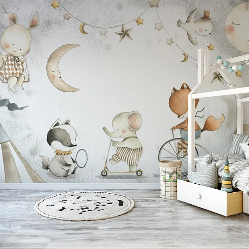 Cute Animal Moon Wall Mural – Soft Nursery Dream Design
