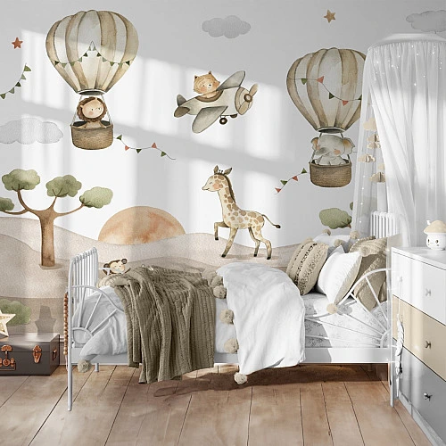 Safari Balloon Adventure Wall Mural – Cute Animals Kids Design