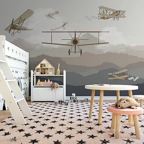 Vintage Airplane Kids Wall Mural – Retro Aviation Nursery Design