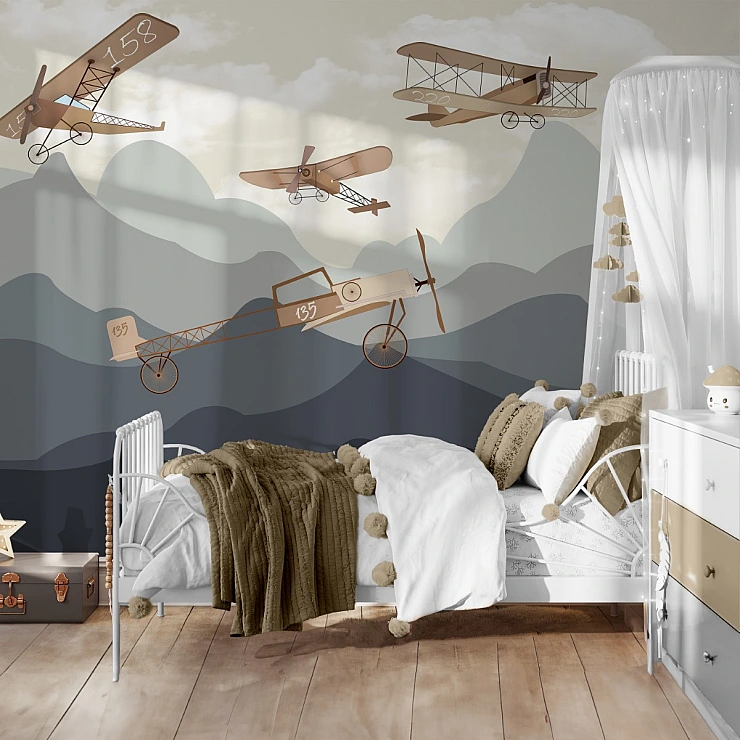 Vintage Airplane Kids Wall Mural – Minimal Aviation Sky Design Vintage Airplane Kids Wall Mural – Minimal Aviation Sky Design