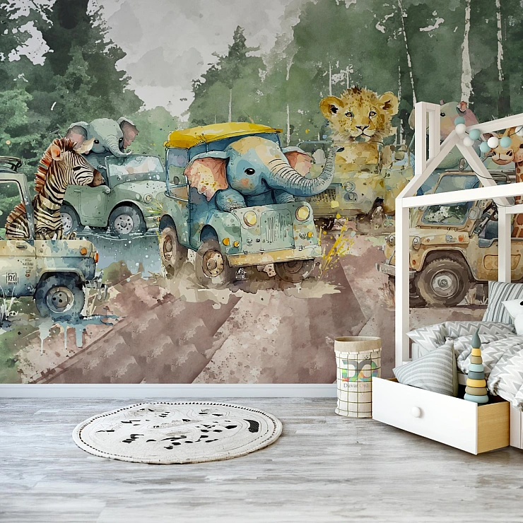 Safari Animals Kids Wall Mural – Watercolor Jungle Adventure Design Safari Animals Kids Wall Mural – Watercolor Jungle Adventure Design