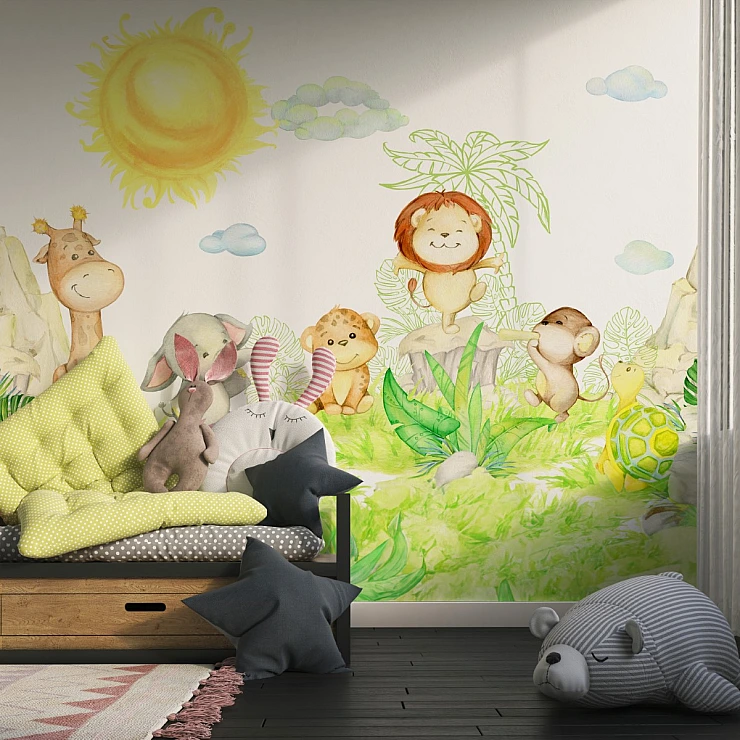 Jungle Animals Kids Wall Mural – Cute Safari Cartoon Nursery Design Jungle Animals Kids Wall Mural – Cute Safari Cartoon Nursery Design