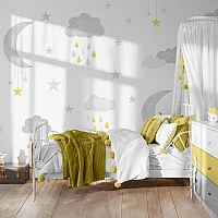 Soft Clouds & Moon Kids Wall Mural – Scandinavian Nursery Starry Sky Wallpaper