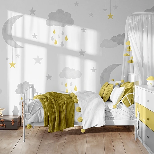 Soft Clouds & Moon Kids Wall Mural – Scandinavian Nursery Starry Sky Wallpaper