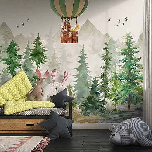 Kids Forest Adventure Wall Mural – Watercolor Woodland Nursery Wallpaper