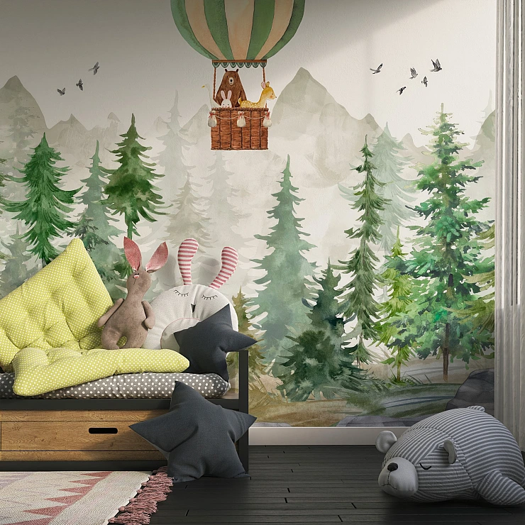 Kids Forest Adventure Wall Mural – Watercolor Woodland Nursery Wallpaper