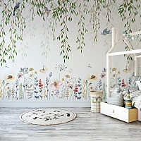 Whimsical Hanging Leaves Wall Mural – Soft Floral Nursery Wallpaper for Kids Room