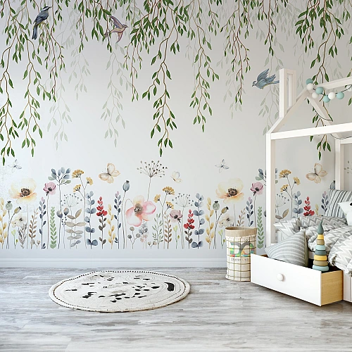 Whimsical Hanging Leaves Wall Mural – Soft Floral Nursery Wallpaper for Kids Room