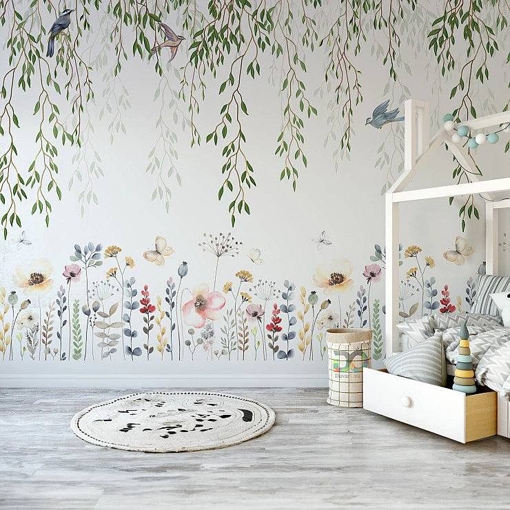 Whimsical Hanging Leaves Wall Mural – Soft Floral Nursery Wallpaper for Kids Room