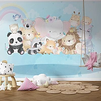 Cute Animal Friends Kids Wall Mural – Pastel Nursery Rainbow Design