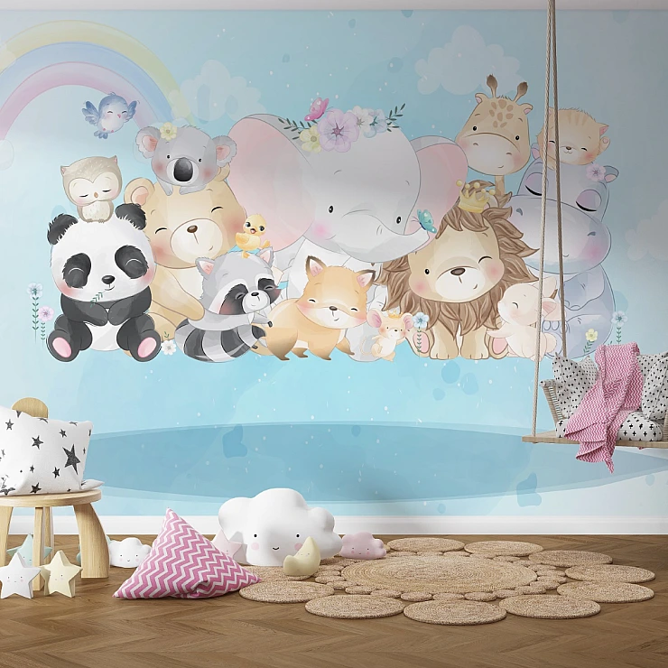 Cute Animal Friends Kids Wall Mural – Pastel Nursery Rainbow Design