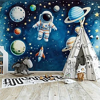 Kids Space Adventure Wall Mural – Astronaut Planets Galaxy Design