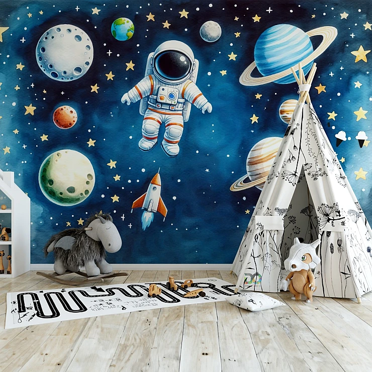 Kids Space Adventure Wall Mural – Astronaut Planets Galaxy Design