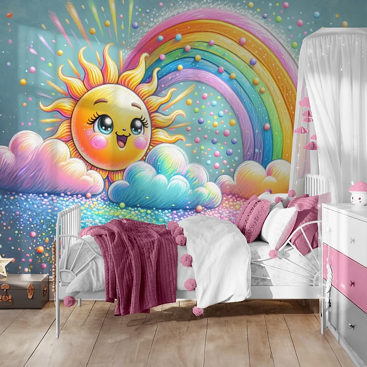Rainbow Sun Kids Wall Mural – Cute Cartoon Sky Design Rainbow Sun Kids Wall Mural – Cute Cartoon Sky Design