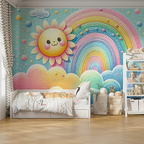Happy Sun Rainbow Wall Mural – Colorful Kids Dream Sky Design
