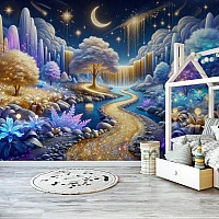 Magical Dreamland River Wall Mural – Fantasy Night Sky Landscape for Kids Room