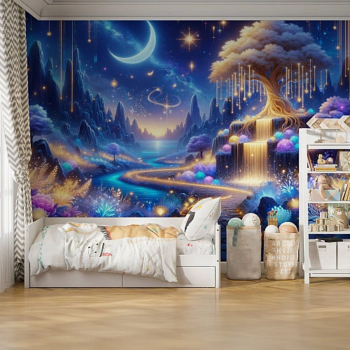Fantasy Moonlight Forest Wall Mural – Magical Night Landscape Kids Design