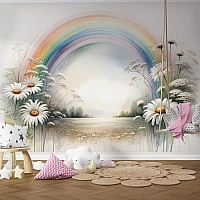 Soft Rainbow Meadow Wall Mural – Dreamy Daisy Landscape Wallpaper for Kids & Nursery Rooms