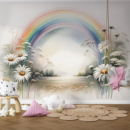 Soft Rainbow Meadow Wall Mural – Dreamy Daisy Landscape Wallpaper for Kids & Nursery Rooms
