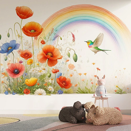 Rainbow Wildflower Kids Wall Mural – Hummingbird Garden Design