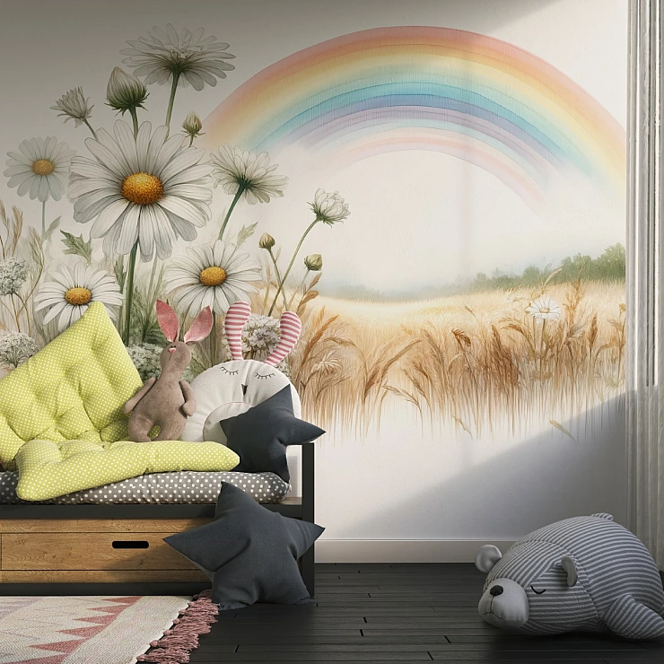 Rainbow Meadow Kids Wall Mural – Soft Floral Nature Design