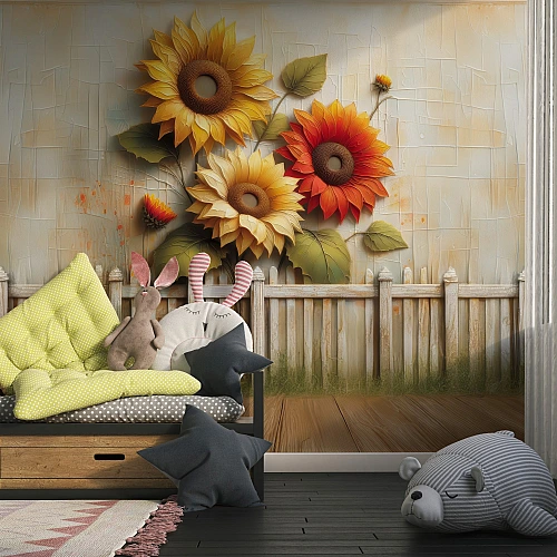 Sunny Sunflower Garden Kids Wall Mural – 3D Floral Nature Nursery Wallpaper