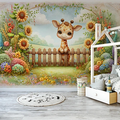 Cute Giraffe Garden Wall Mural – Floral Fence Kids Nursery Design