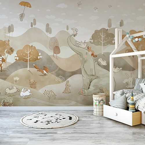 Cute Safari Animals Wall Mural – Soft Neutral Kids Jungle Wallpaper for Nursery Rooms