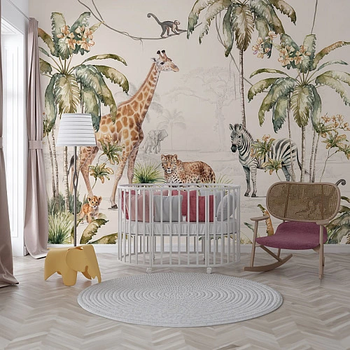 Safari Jungle Kids Wall Mural – Giraffe Zebra Tropical Nursery Design