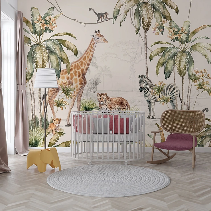 Safari Jungle Kids Wall Mural – Giraffe Zebra Tropical Nursery Design Safari Jungle Kids Wall Mural – Giraffe Zebra Tropical Nursery Design